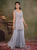 Powder Blue Embroidered Three-Piece Co-Ord Set with Designer Overlay & Wide-Leg Palazzo
