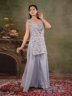 Powder Blue Embroidered Three-Piece Co-Ord Set with Designer Overlay & Wide-Leg Palazzo