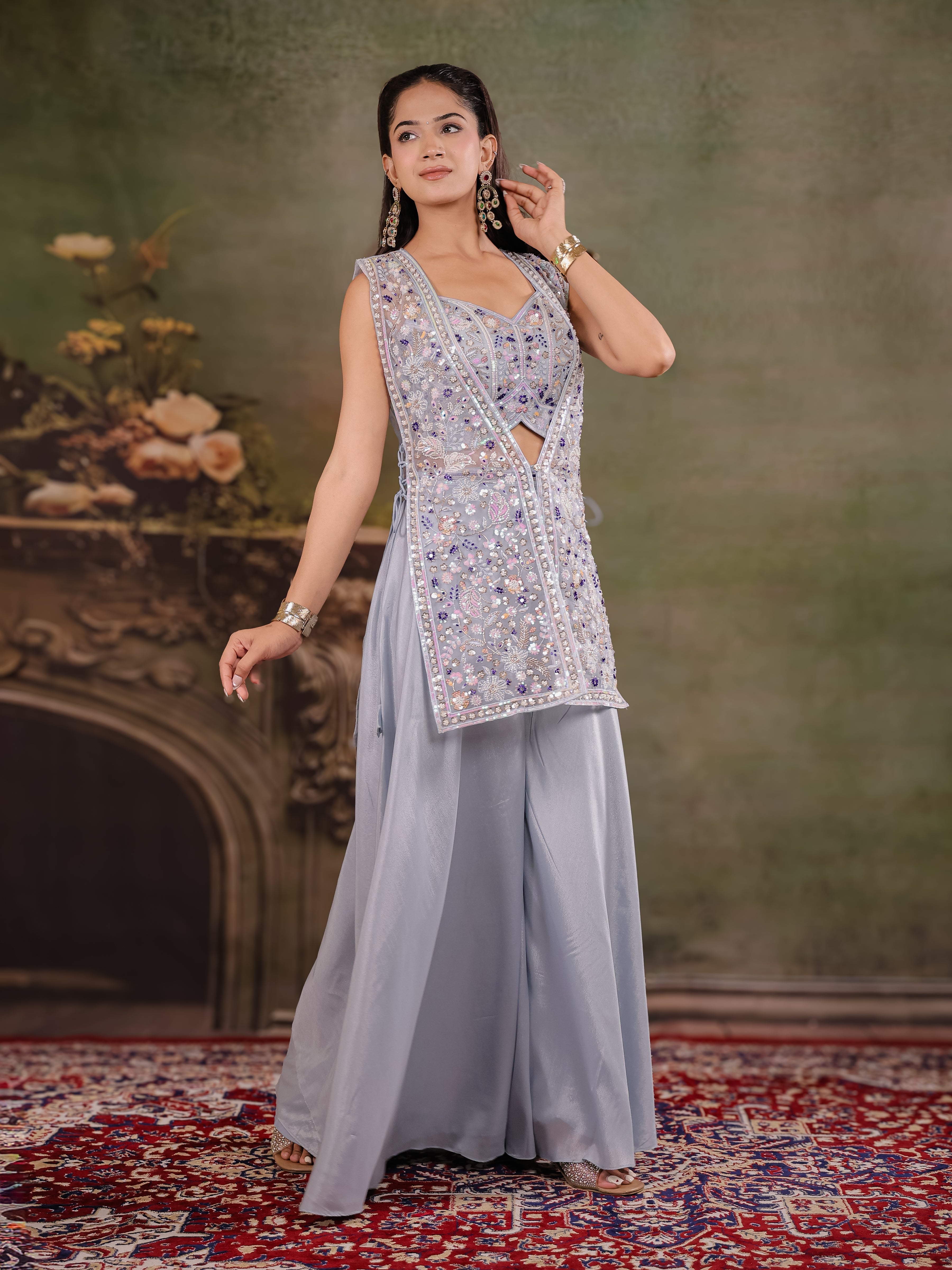 Powder Blue Embroidered Three-Piece Co-Ord Set with Designer Overlay & Wide-Leg Palazzo