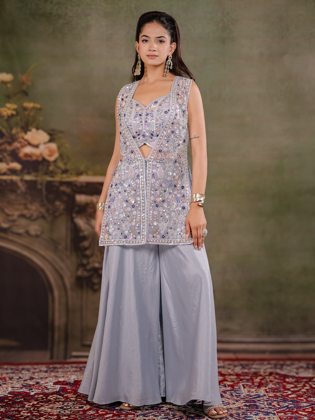Powder Blue Embroidered Three-Piece Co-Ord Set with Designer Overlay & Wide-Leg Palazzo