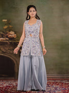 Powder Blue Embroidered Three-Piece Co-Ord Set with Designer Overlay & Wide-Leg Palazzo