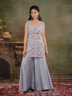 Powder Blue Embroidered Three-Piece Co-Ord Set with Designer Overlay & Wide-Leg Palazzo