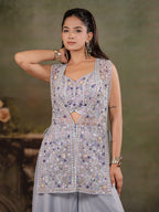 Powder Blue Embroidered Three-Piece Co-Ord Set with Designer Overlay & Wide-Leg Palazzo
