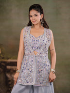 Powder Blue Embroidered Three-Piece Co-Ord Set with Designer Overlay & Wide-Leg Palazzo