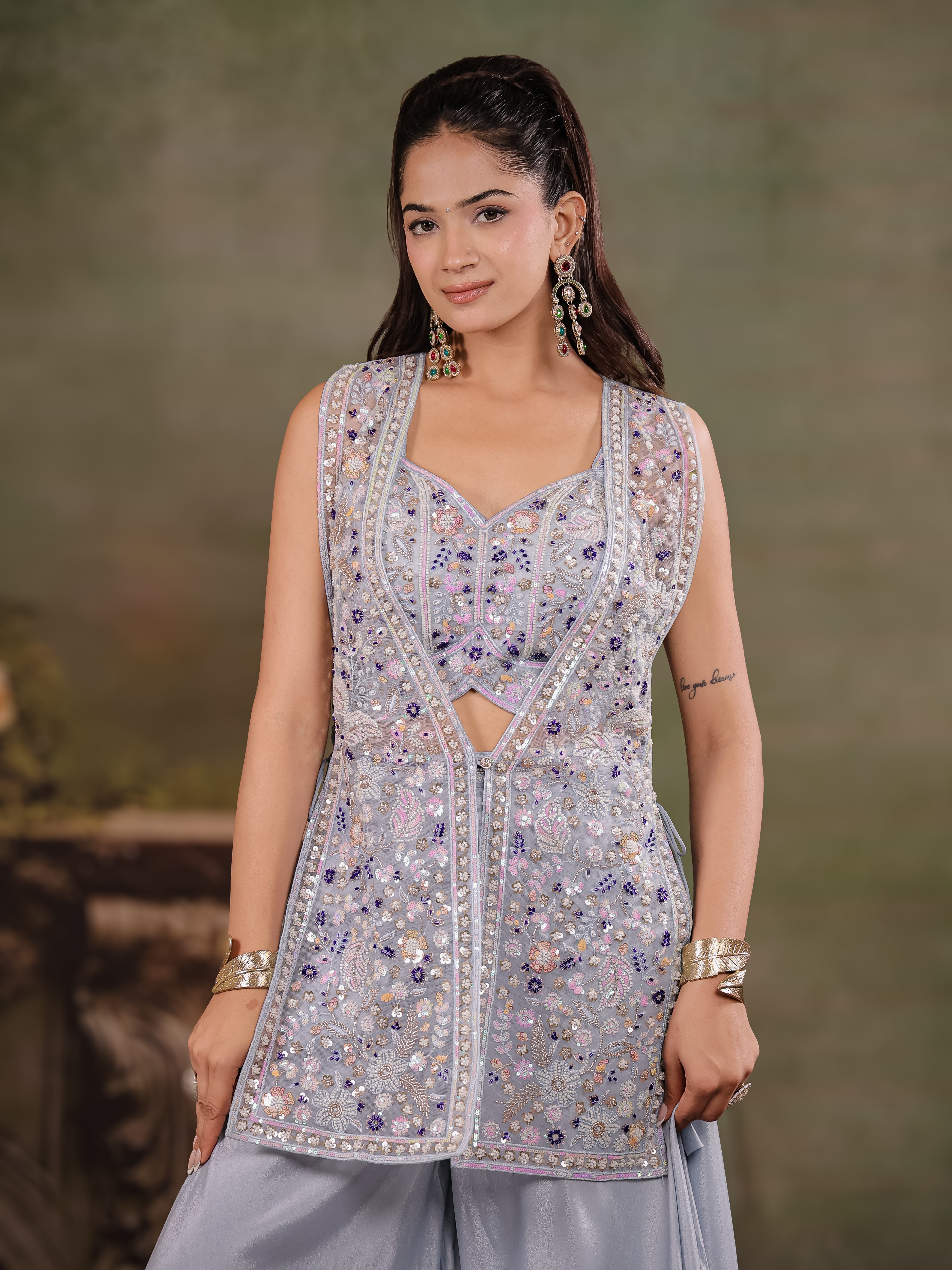 Powder Blue Embroidered Three-Piece Co-Ord Set with Designer Overlay & Wide-Leg Palazzo
