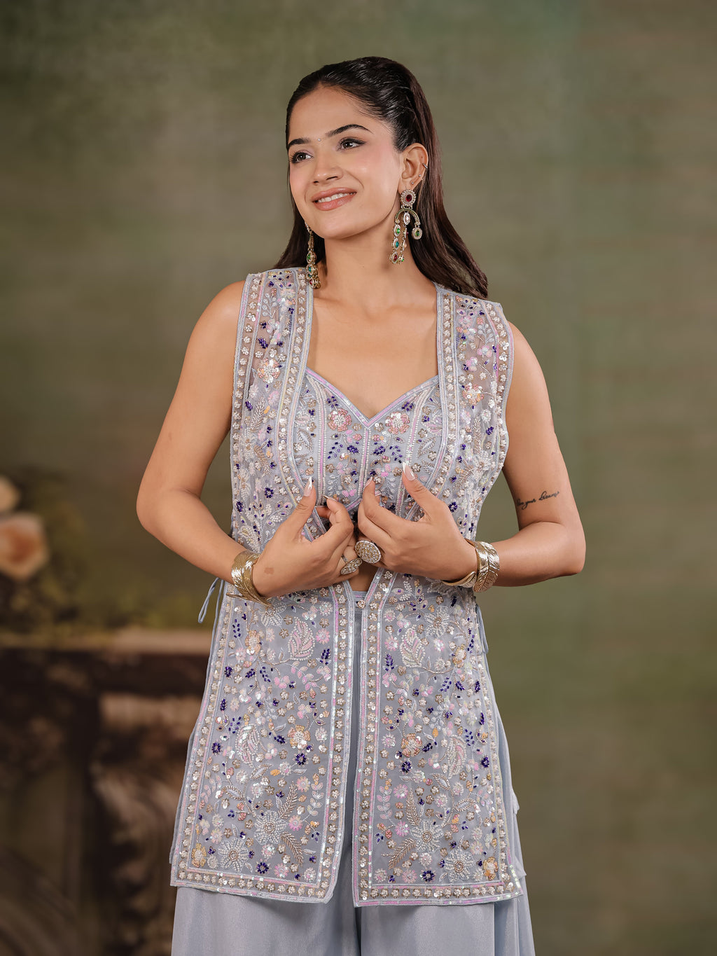 Powder Blue Embroidered Three-Piece Co-Ord Set with Designer Overlay & Wide-Leg Palazzo