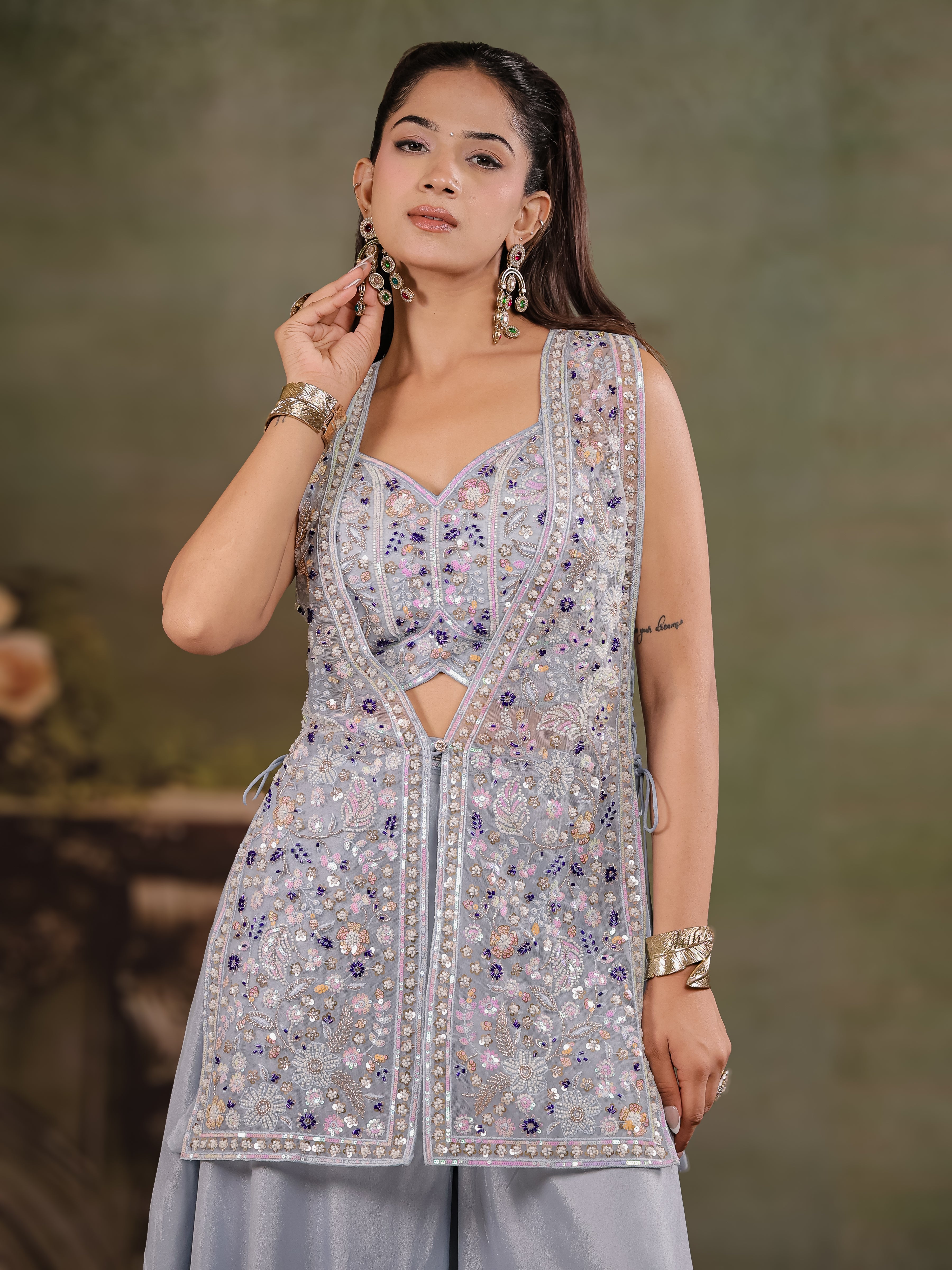 Powder Blue Embroidered Three-Piece Co-Ord Set with Designer Overlay & Wide-Leg Palazzo