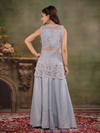 Powder Blue Embroidered Three-Piece Co-Ord Set with Designer Overlay & Wide-Leg Palazzo