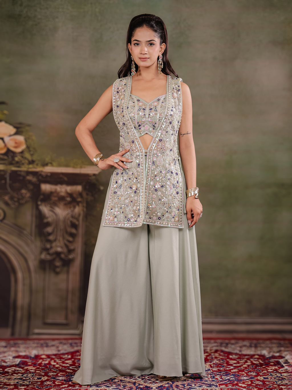 Sage Green Embroidered Three-Piece Co-Ord Set with Designer Overlay & Wide-Leg Palazzo