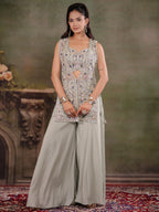 Sage Green Embroidered Three-Piece Co-Ord Set with Designer Overlay & Wide-Leg Palazzo