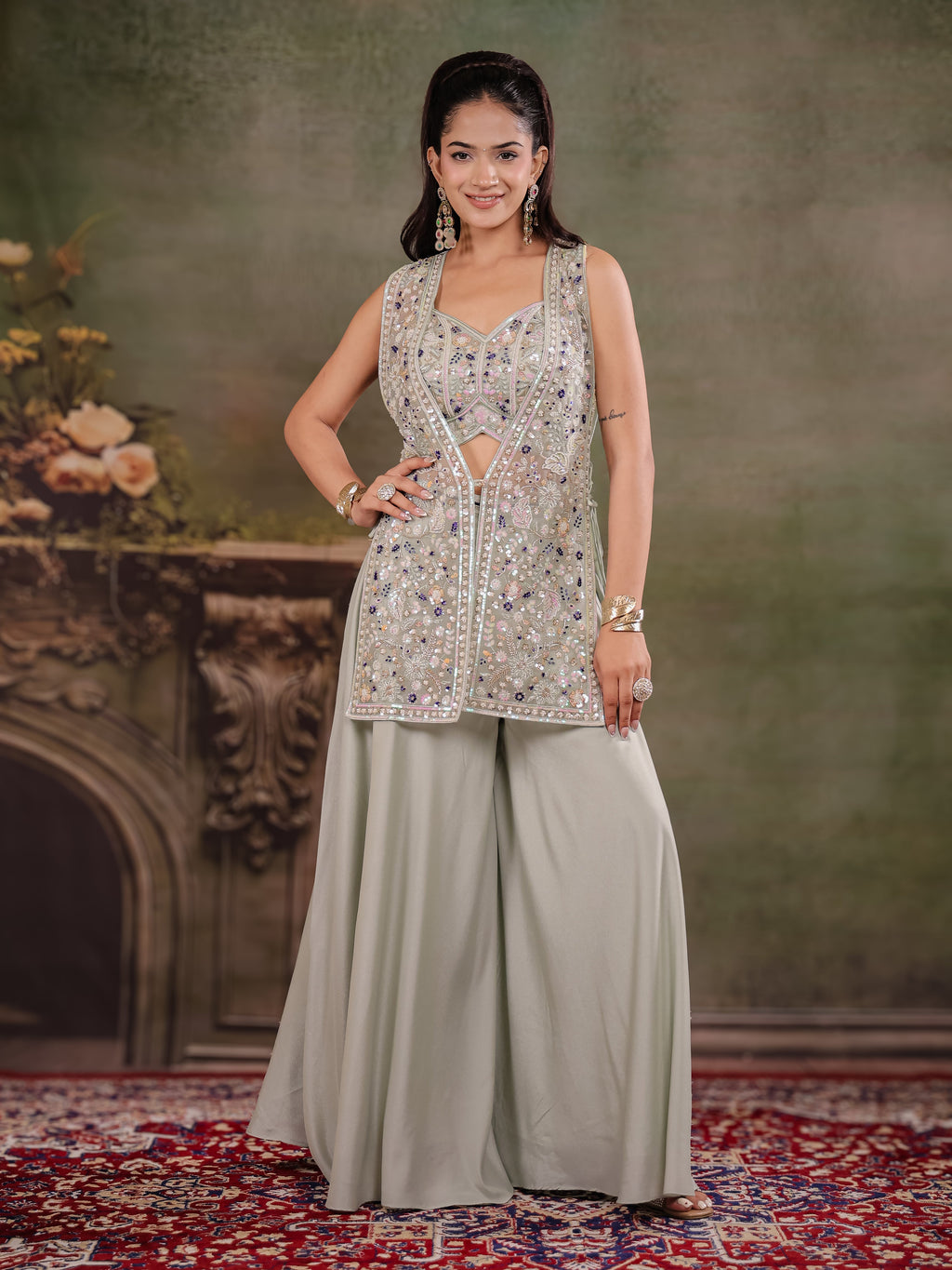 Sage Green Embroidered Three-Piece Co-Ord Set with Designer Overlay & Wide-Leg Palazzo