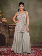 Sage Green Embroidered Three-Piece Co-Ord Set with Designer Overlay & Wide-Leg Palazzo