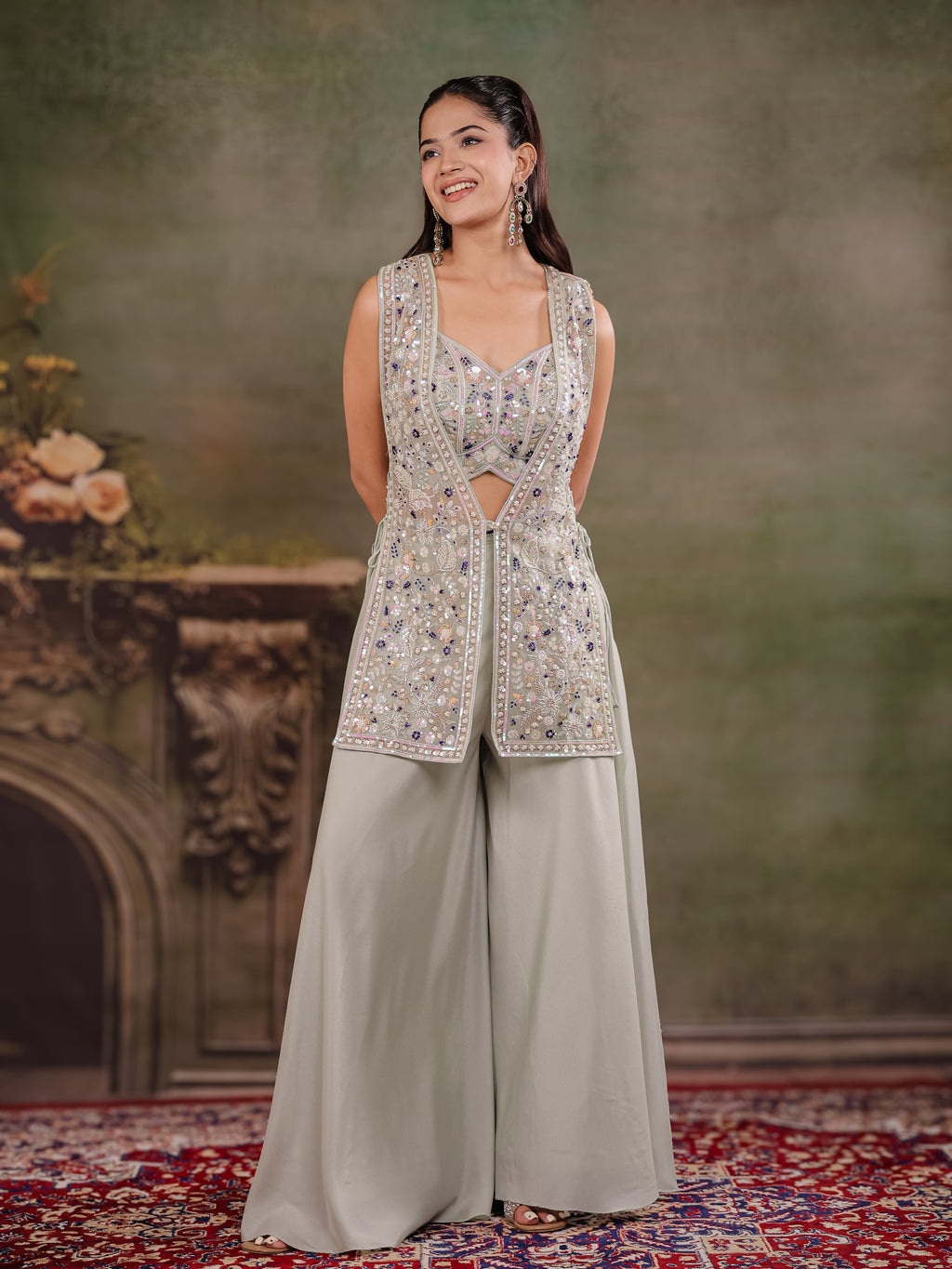 Sage Green Embroidered Three-Piece Co-Ord Set with Designer Overlay & Wide-Leg Palazzo