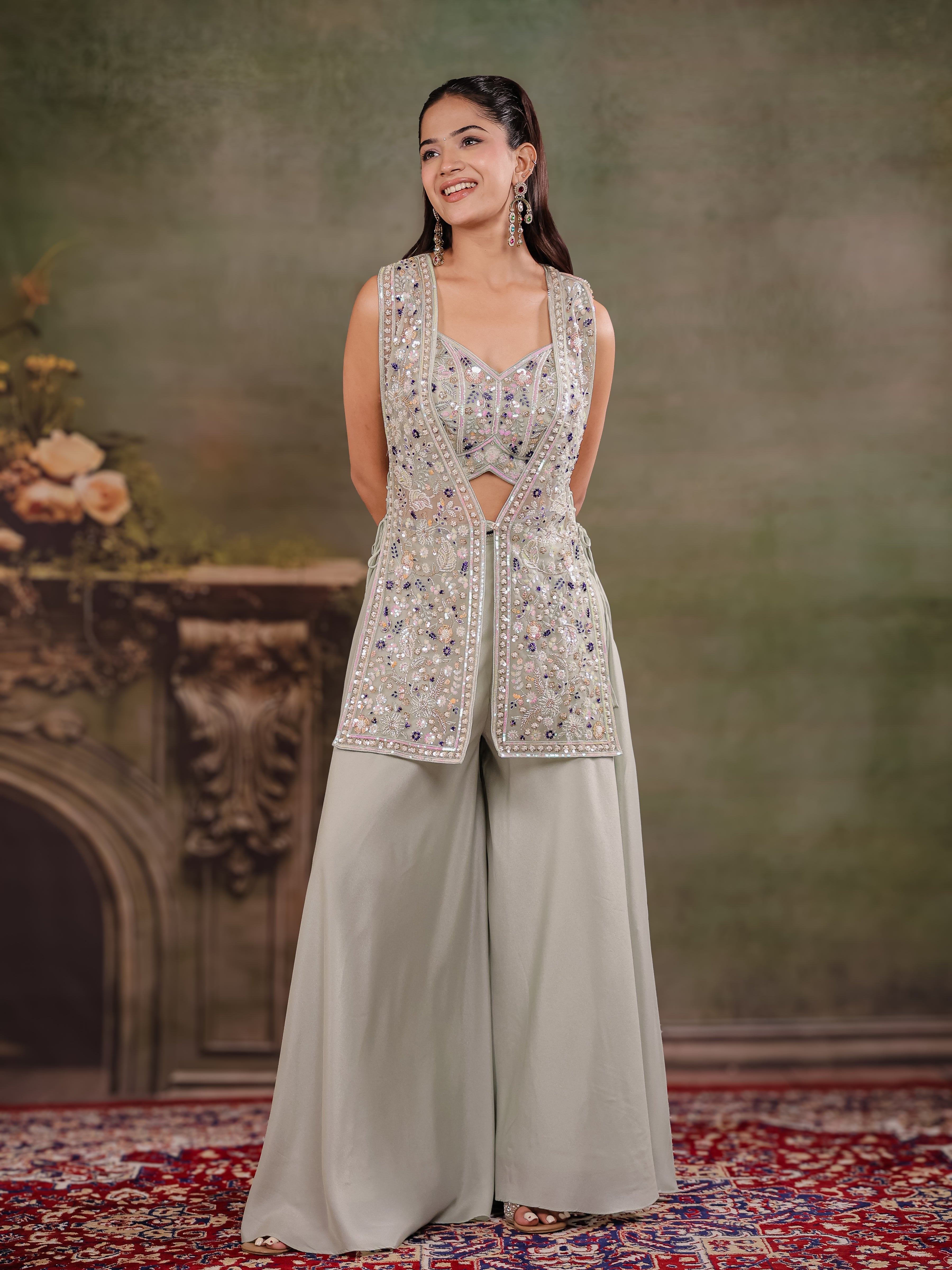 Sage Green Embroidered Three-Piece Co-Ord Set with Designer Overlay & Wide-Leg Palazzo