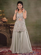 Sage Green Embroidered Three-Piece Co-Ord Set with Designer Overlay & Wide-Leg Palazzo