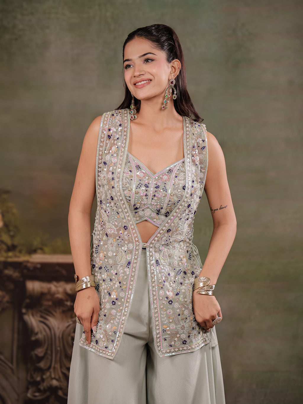 Sage Green Embroidered Three-Piece Co-Ord Set with Designer Overlay & Wide-Leg Palazzo