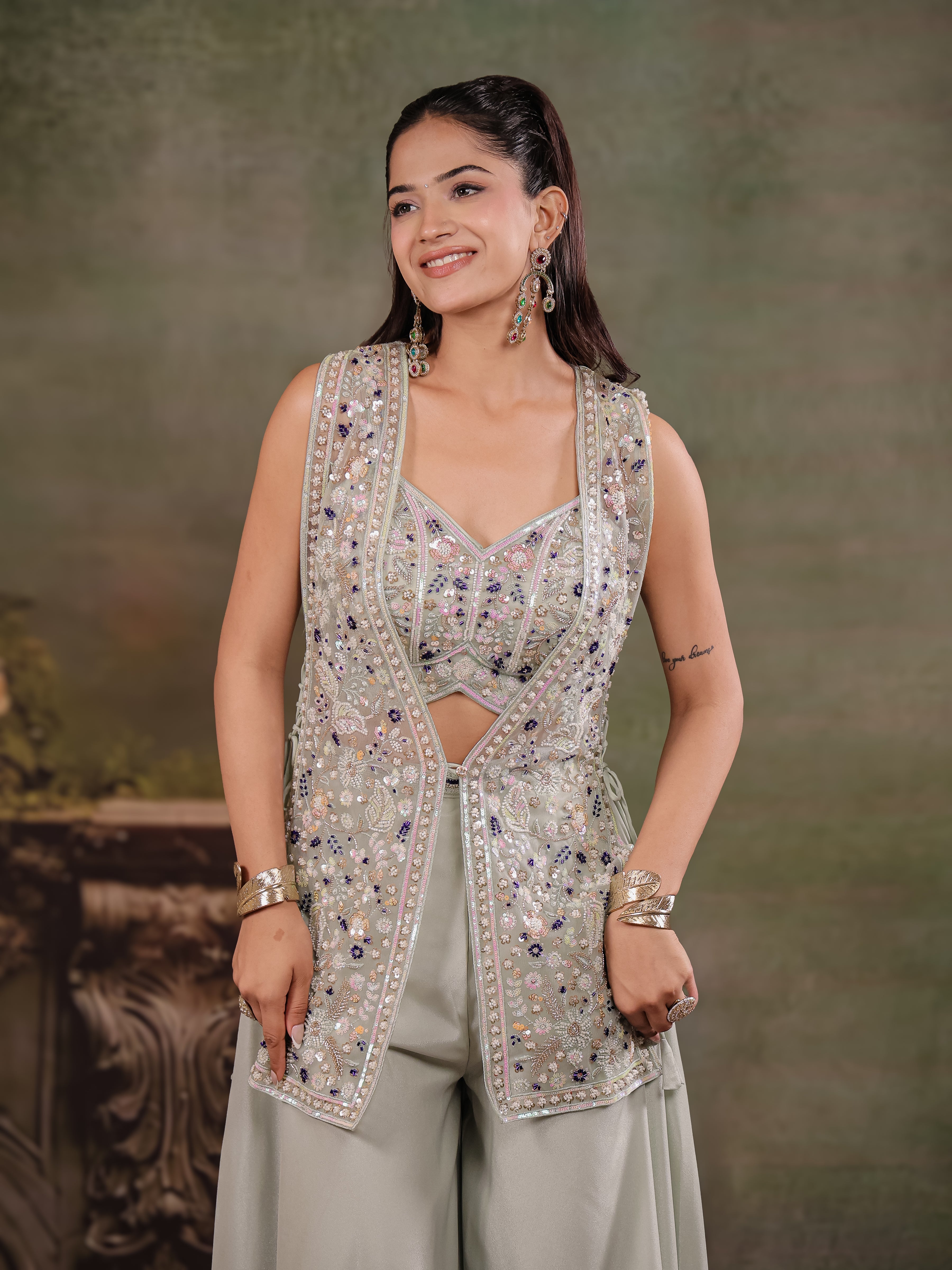 Sage Green Embroidered Three-Piece Co-Ord Set with Designer Overlay & Wide-Leg Palazzo