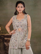 Sage Green Embroidered Three-Piece Co-Ord Set with Designer Overlay & Wide-Leg Palazzo