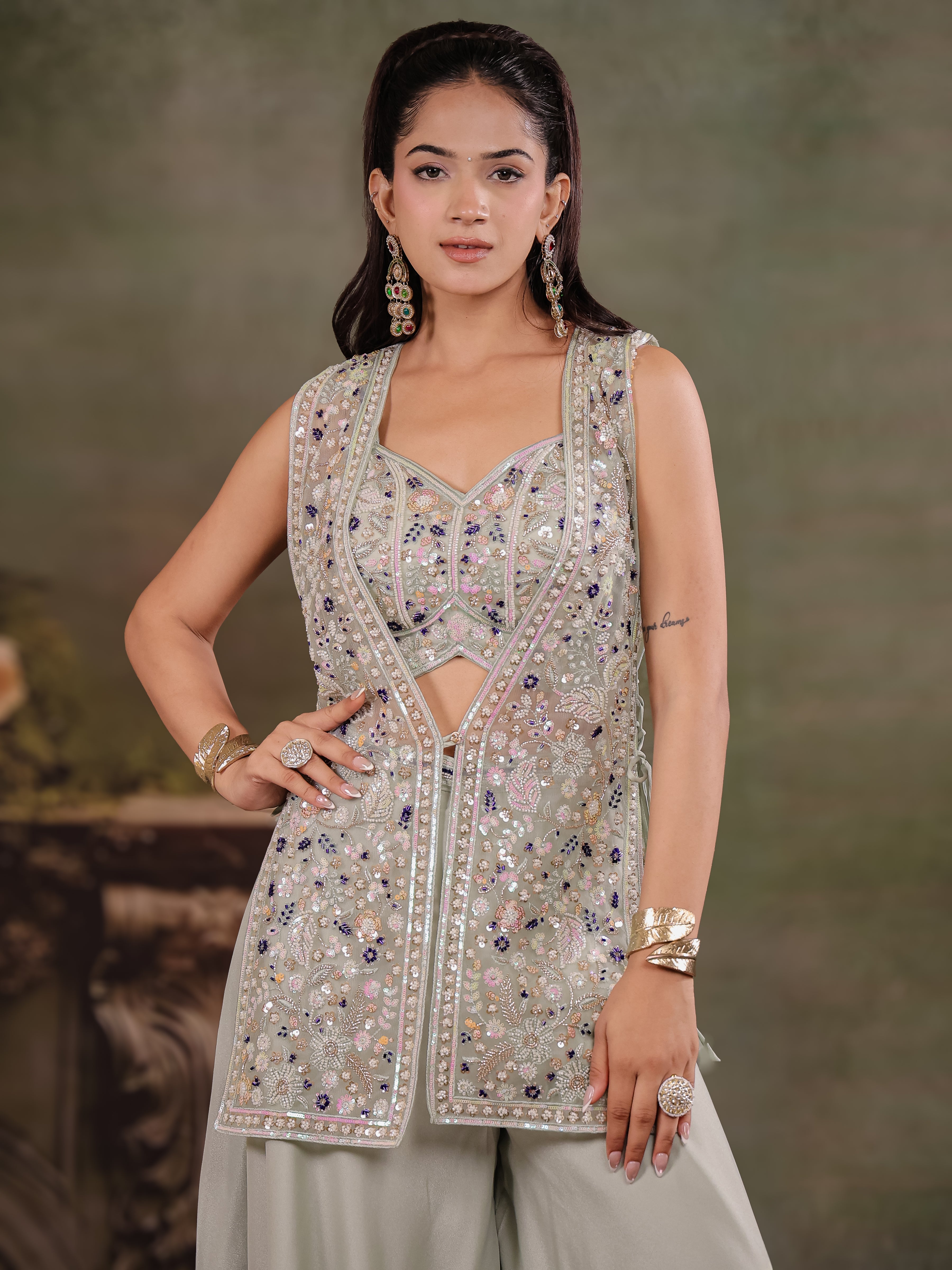 Sage Green Embroidered Three-Piece Co-Ord Set with Designer Overlay & Wide-Leg Palazzo