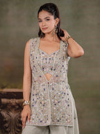 Sage Green Embroidered Three-Piece Co-Ord Set with Designer Overlay & Wide-Leg Palazzo