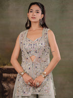 Sage Green Embroidered Three-Piece Co-Ord Set with Designer Overlay & Wide-Leg Palazzo
