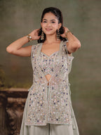 Sage Green Embroidered Three-Piece Co-Ord Set with Designer Overlay & Wide-Leg Palazzo
