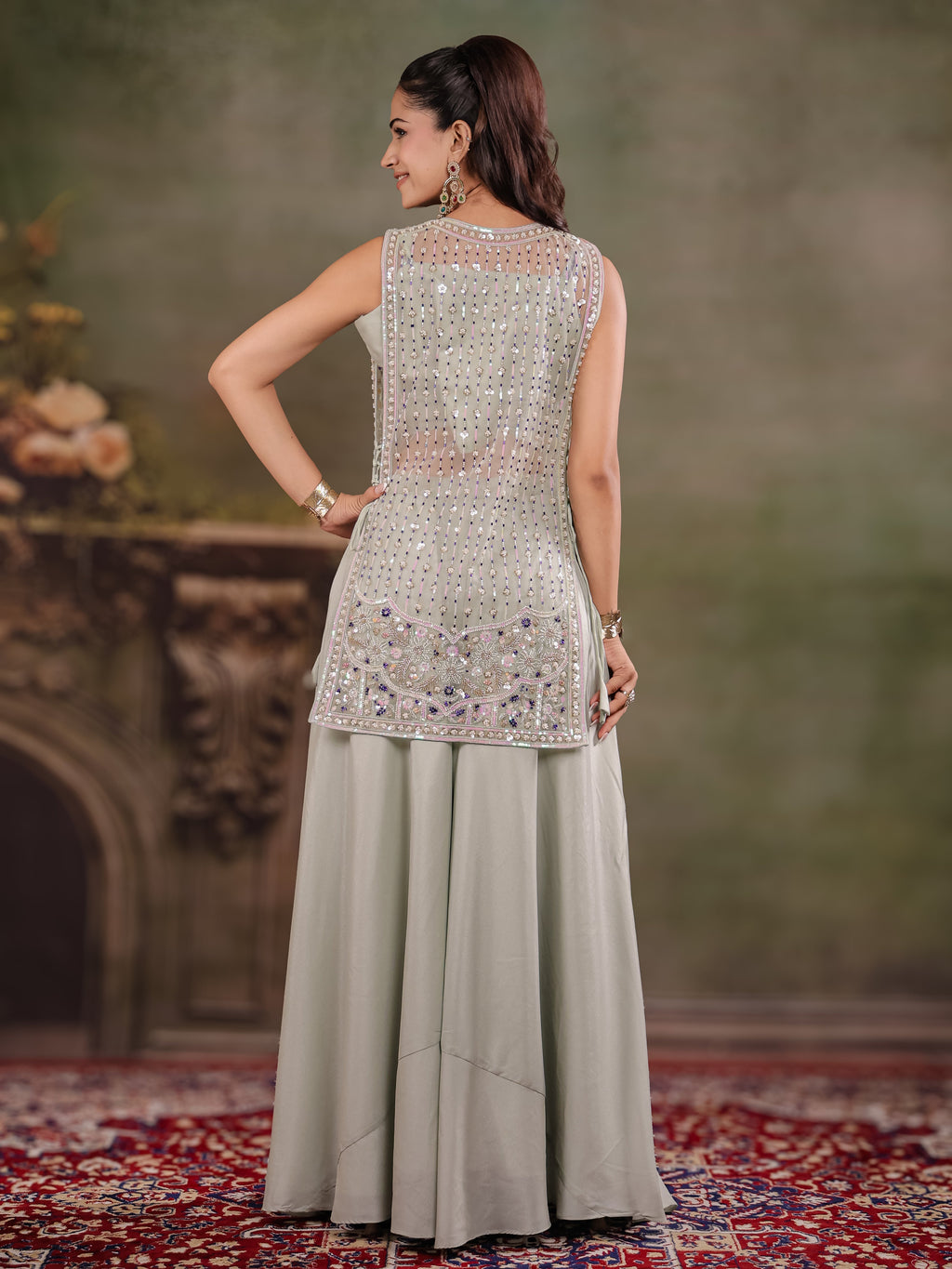 Sage Green Embroidered Three-Piece Co-Ord Set with Designer Overlay & Wide-Leg Palazzo