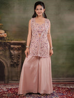Blush Pink Embroidered Three-Piece Co-Ord Set with Designer Overlay & Wide-Leg Palazzo
