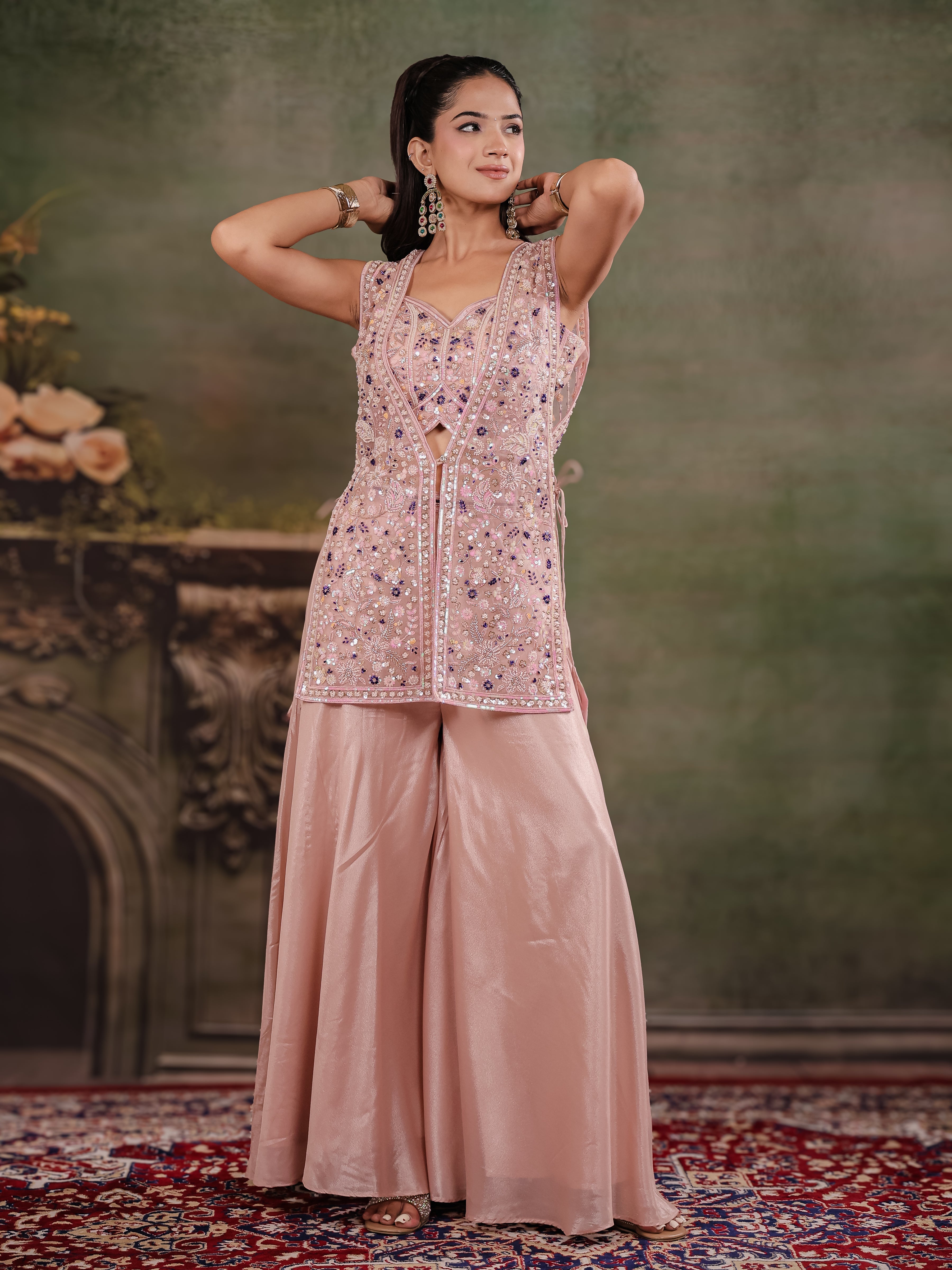 Blush Pink Embroidered Three-Piece Co-Ord Set with Designer Overlay & Wide-Leg Palazzo