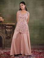 Blush Pink Embroidered Three-Piece Co-Ord Set with Designer Overlay & Wide-Leg Palazzo
