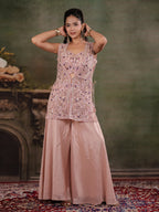 Blush Pink Embroidered Three-Piece Co-Ord Set with Designer Overlay & Wide-Leg Palazzo