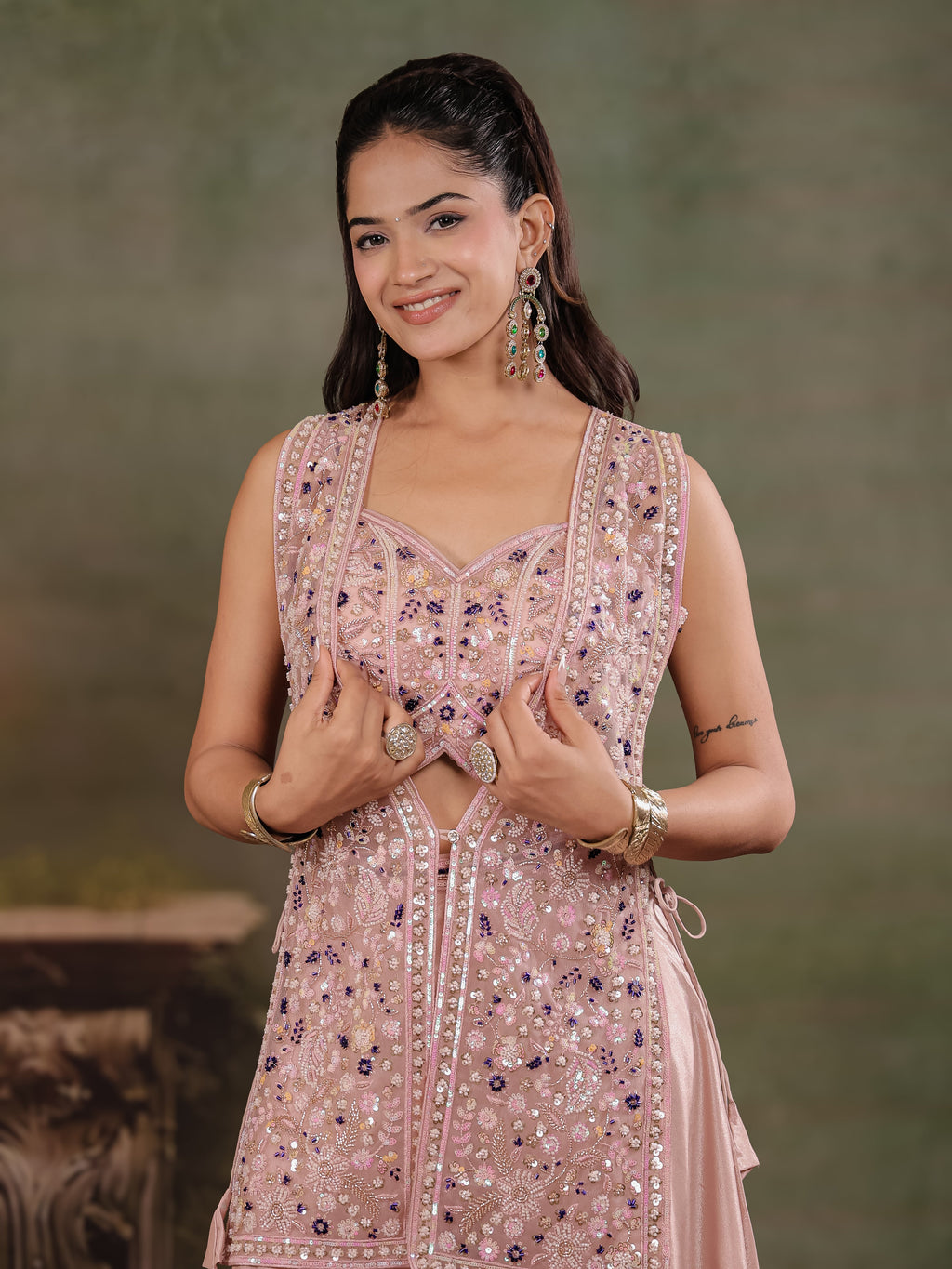 Blush Pink Embroidered Three-Piece Co-Ord Set with Designer Overlay & Wide-Leg Palazzo