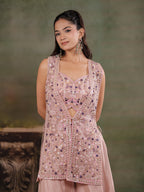 Blush Pink Embroidered Three-Piece Co-Ord Set with Designer Overlay & Wide-Leg Palazzo