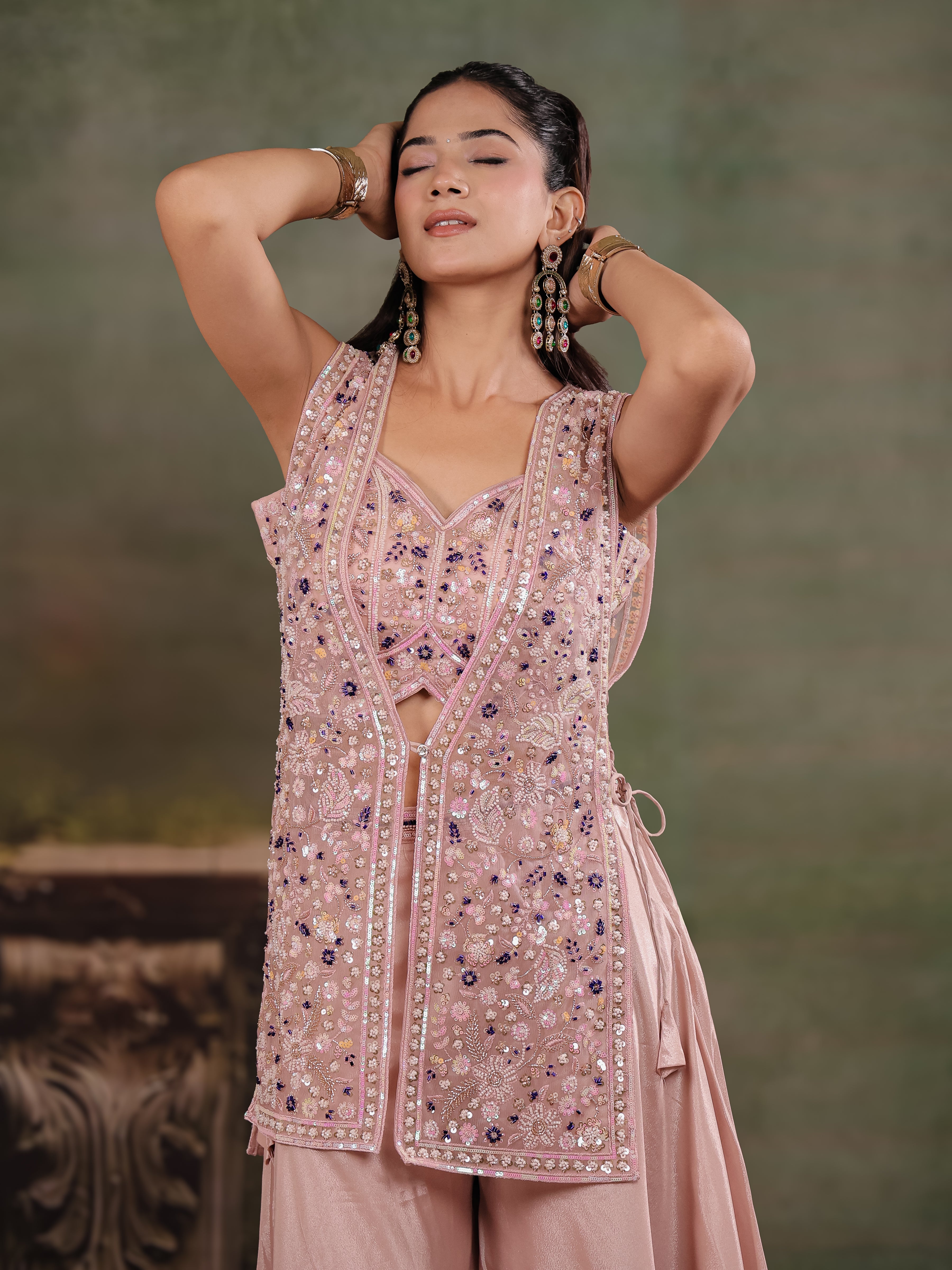 Blush Pink Embroidered Three-Piece Co-Ord Set with Designer Overlay & Wide-Leg Palazzo