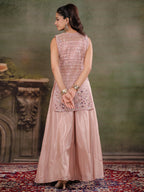 Blush Pink Embroidered Three-Piece Co-Ord Set with Designer Overlay & Wide-Leg Palazzo