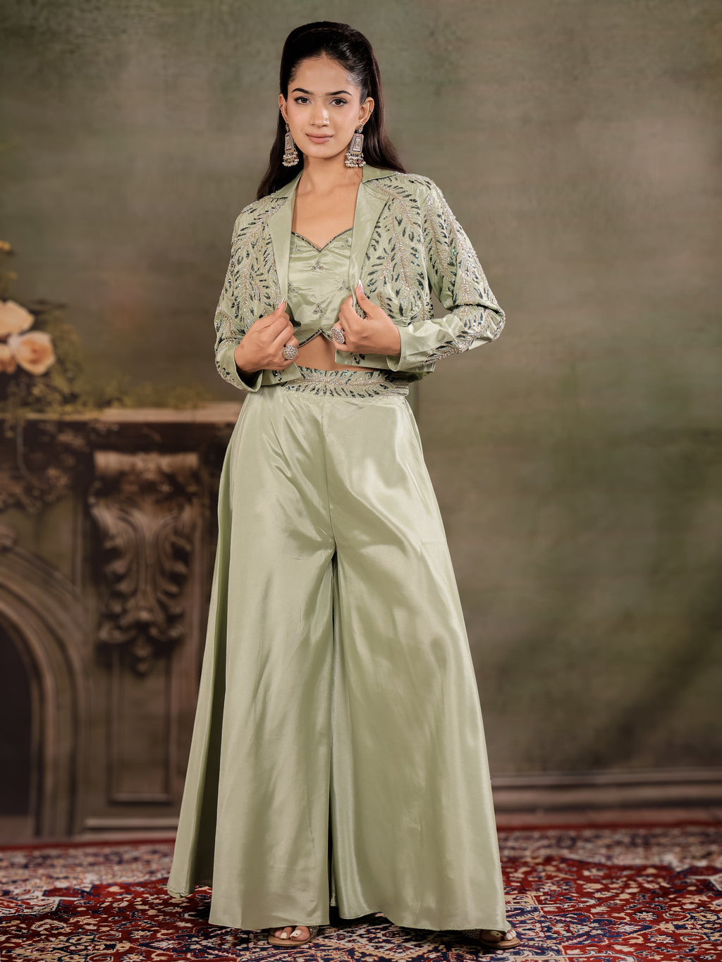 Sage Green Satin Co-Ord Set with Embroidered Crop Top, Designer Jacket & Wide-Leg Palazzo