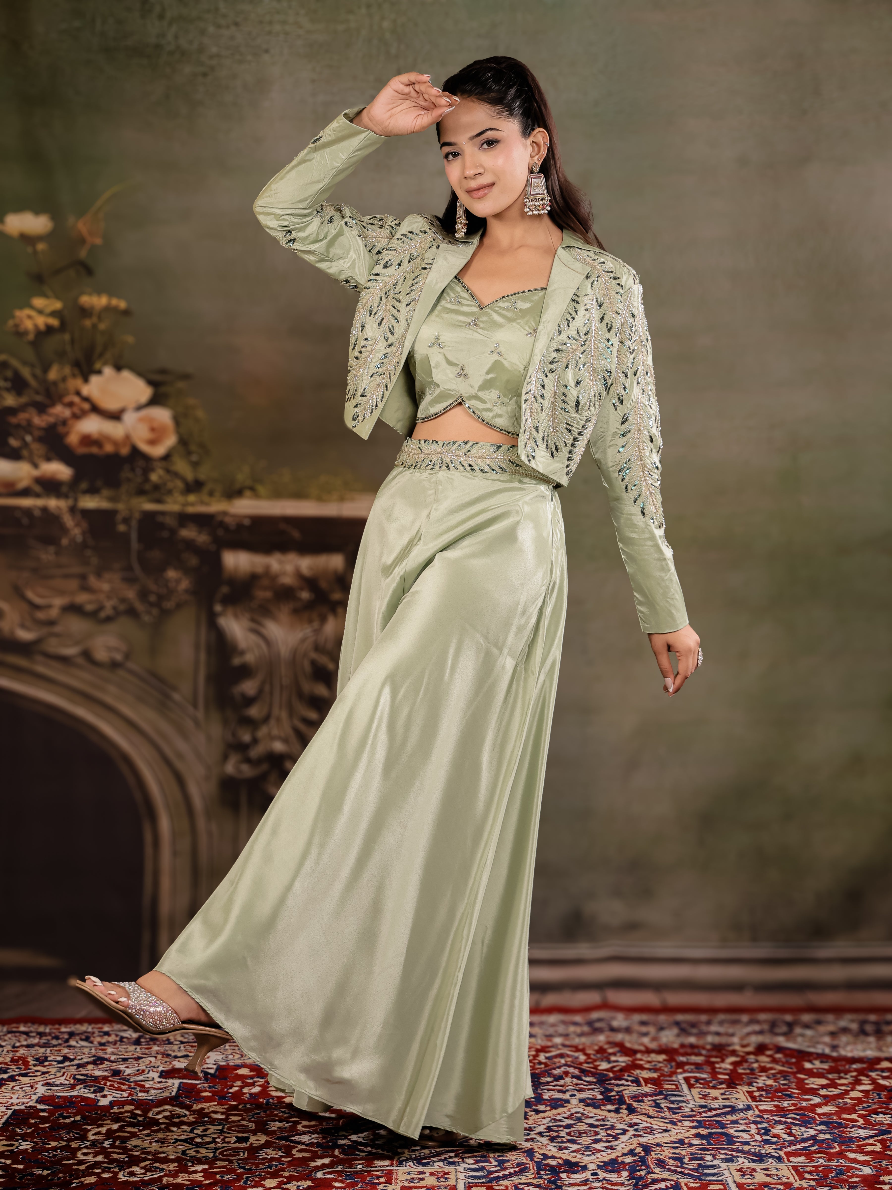Sage Green Satin Co-Ord Set with Embroidered Crop Top, Designer Jacket & Wide-Leg Palazzo