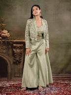 Sage Green Satin Co-Ord Set with Embroidered Crop Top, Designer Jacket & Wide-Leg Palazzo