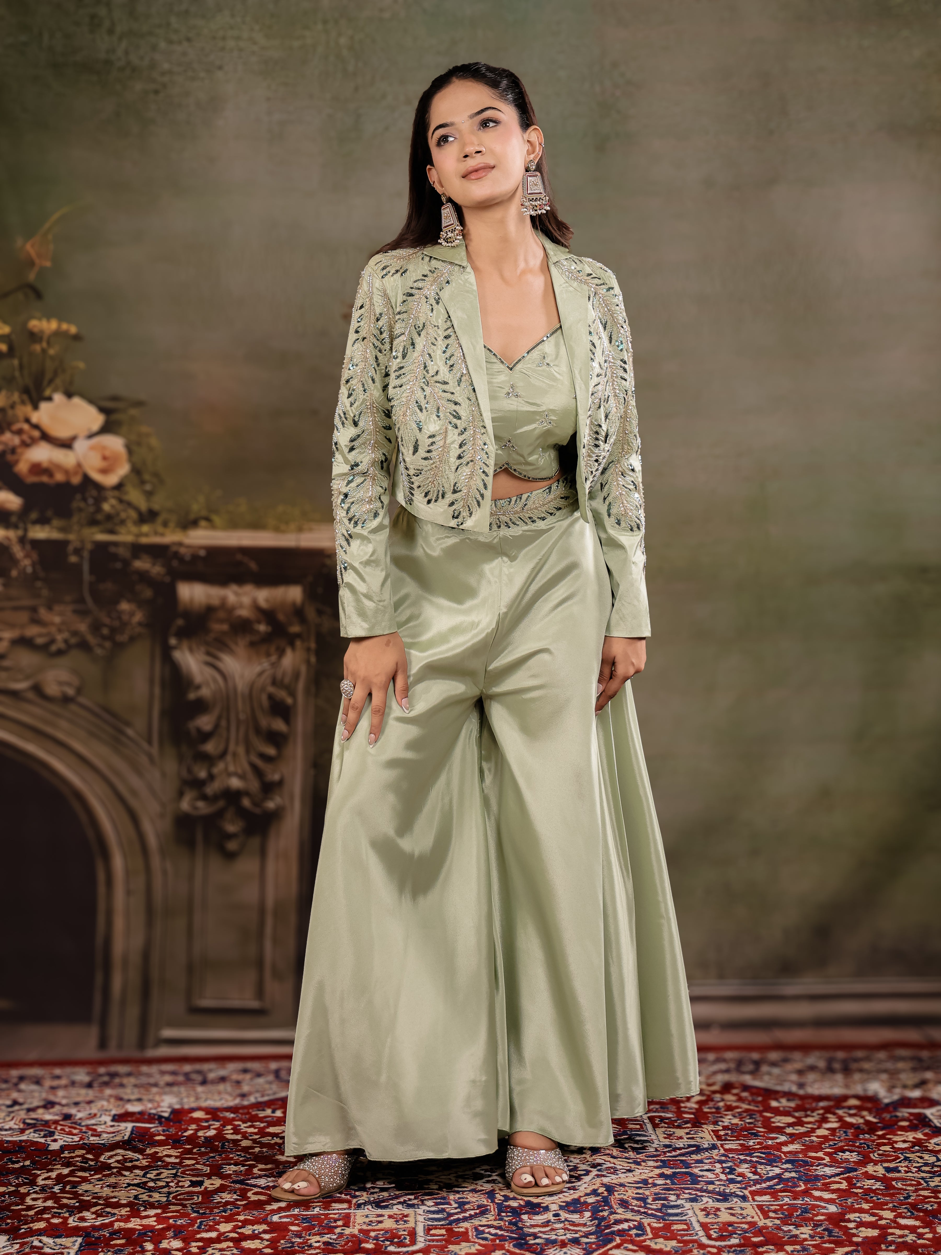Sage Green Satin Co-Ord Set with Embroidered Crop Top, Designer Jacket & Wide-Leg Palazzo