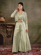 Sage Green Satin Co-Ord Set with Embroidered Crop Top, Designer Jacket & Wide-Leg Palazzo