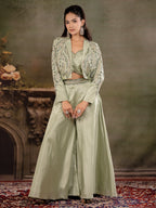 Sage Green Satin Co-Ord Set with Embroidered Crop Top, Designer Jacket & Wide-Leg Palazzo