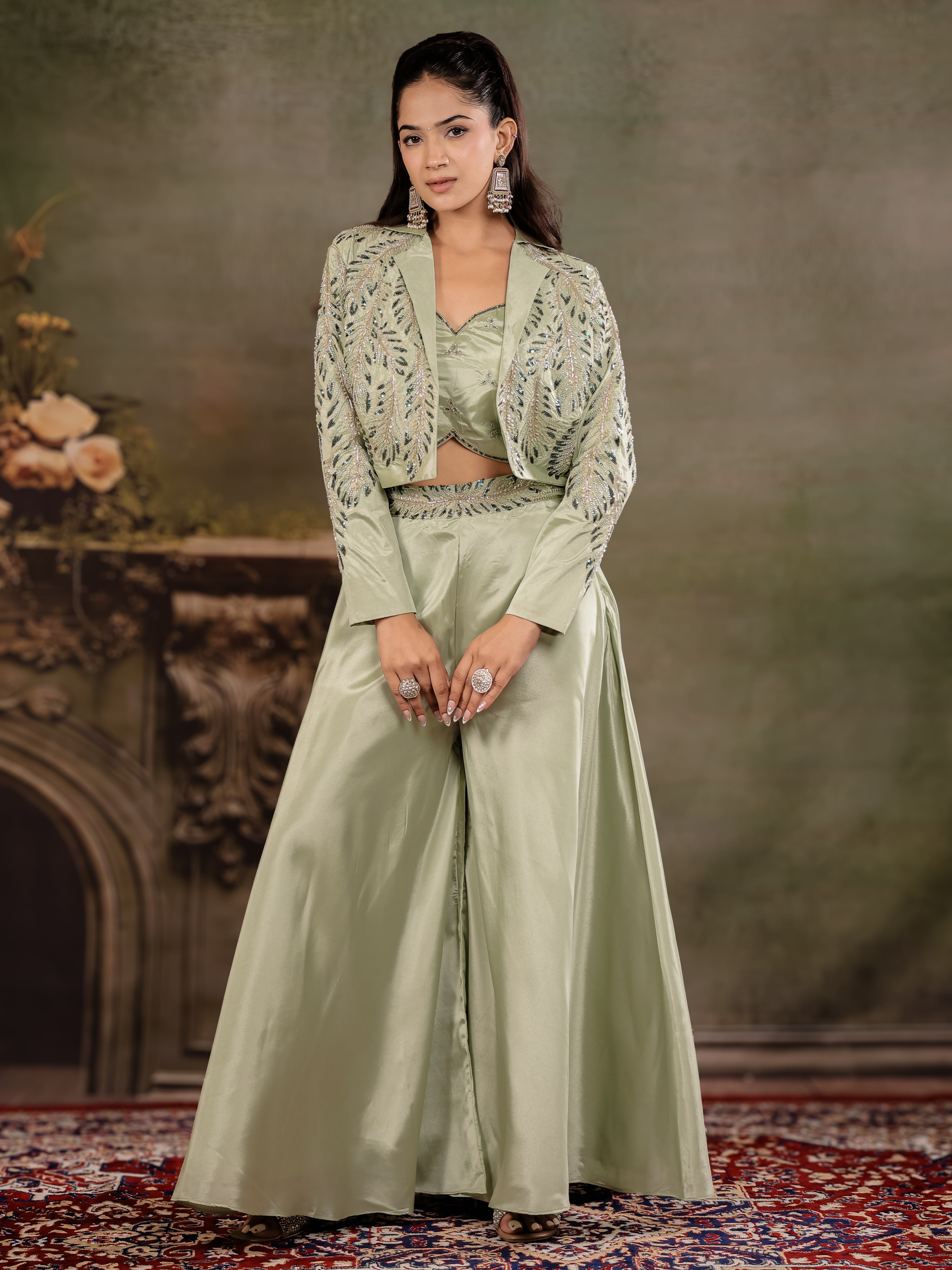 Sage Green Satin Co-Ord Set with Embroidered Crop Top, Designer Jacket & Wide-Leg Palazzo
