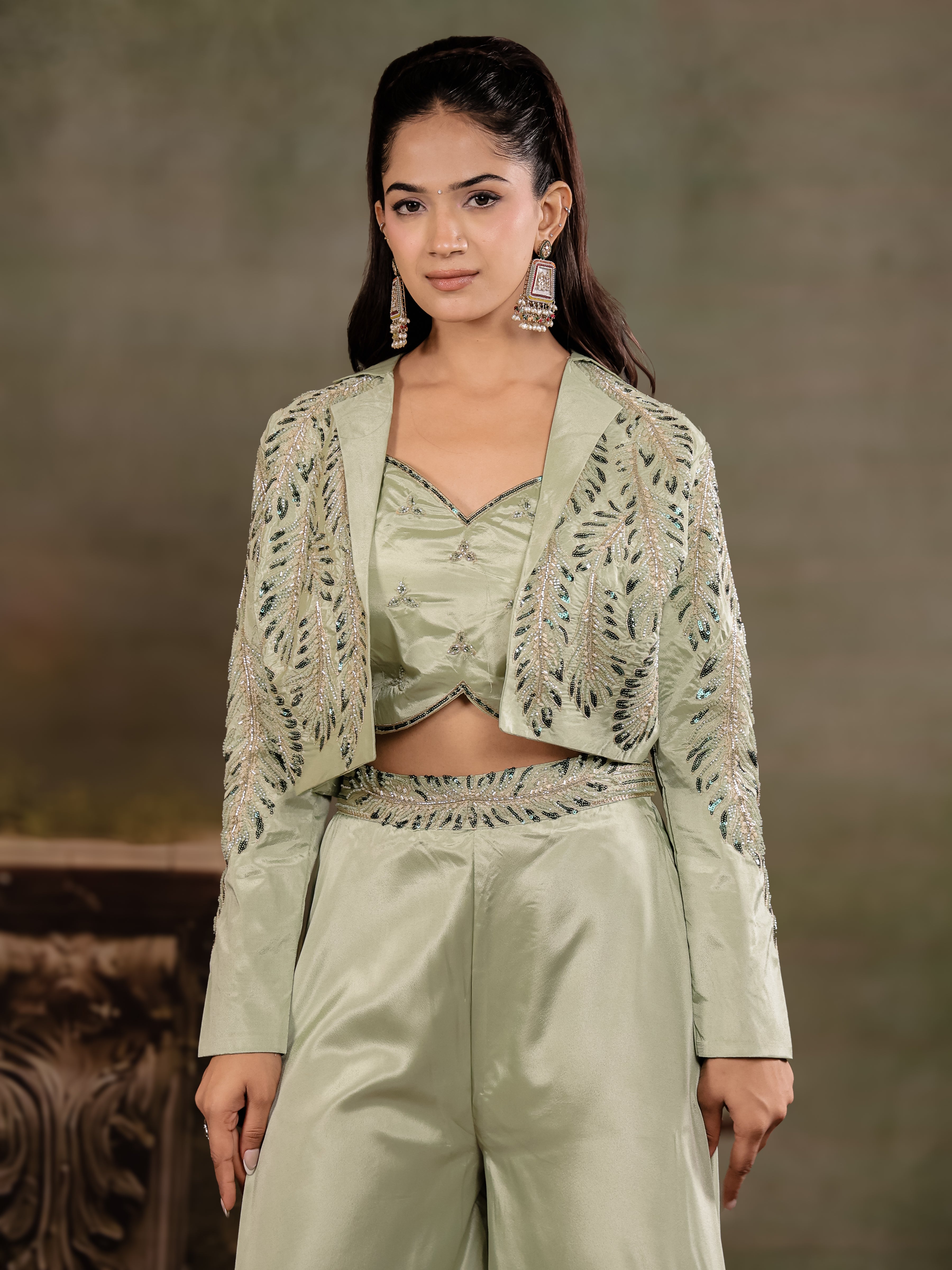 Sage Green Satin Co-Ord Set with Embroidered Crop Top, Designer Jacket & Wide-Leg Palazzo