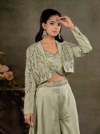 Sage Green Satin Co-Ord Set with Embroidered Crop Top, Designer Jacket & Wide-Leg Palazzo