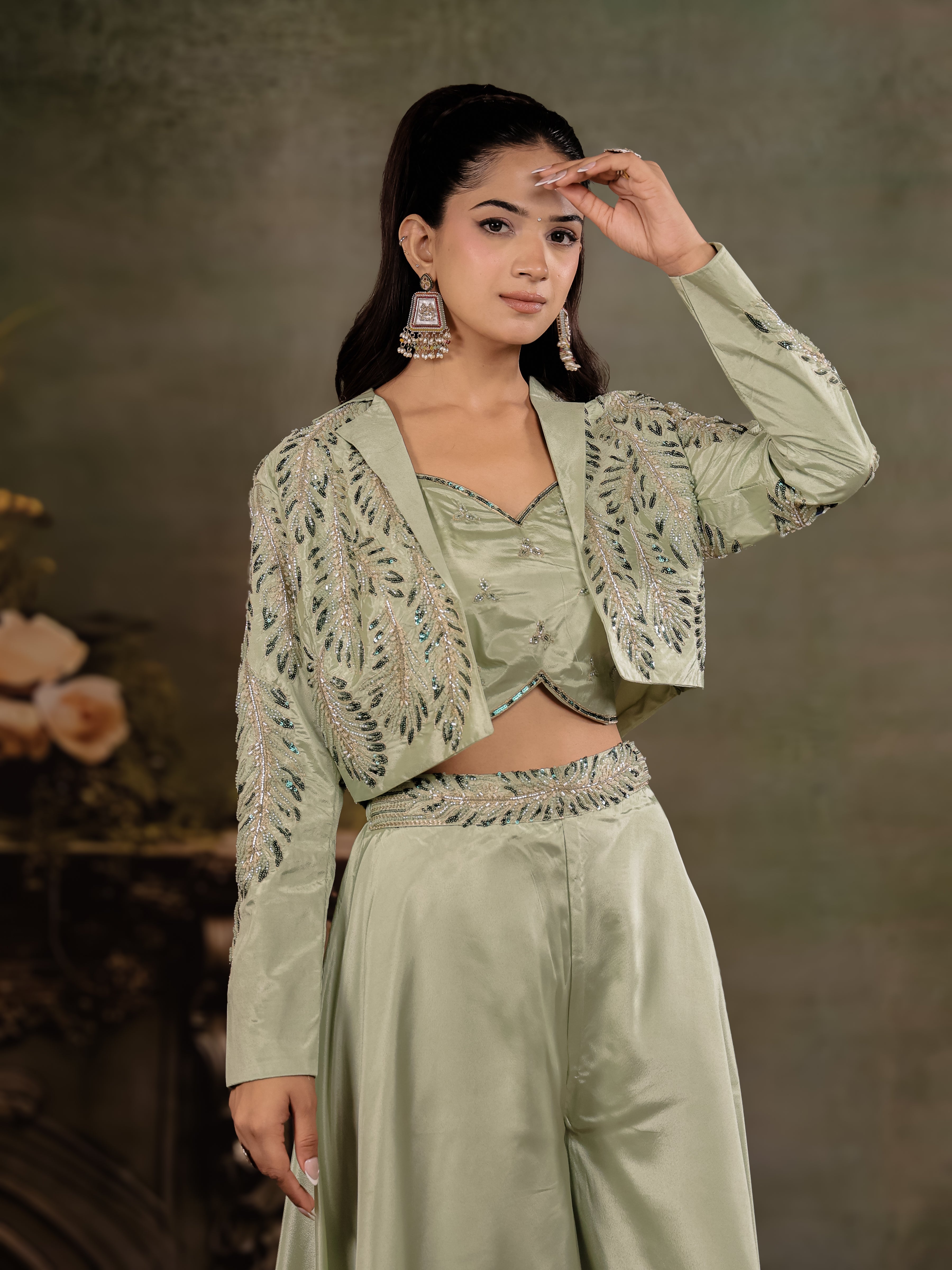 Sage Green Satin Co-Ord Set with Embroidered Crop Top, Designer Jacket & Wide-Leg Palazzo
