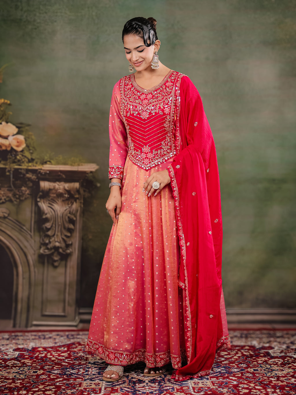 Peach & Rani Pink Embroidered Anarkali Suit Set with Matching Dupatta