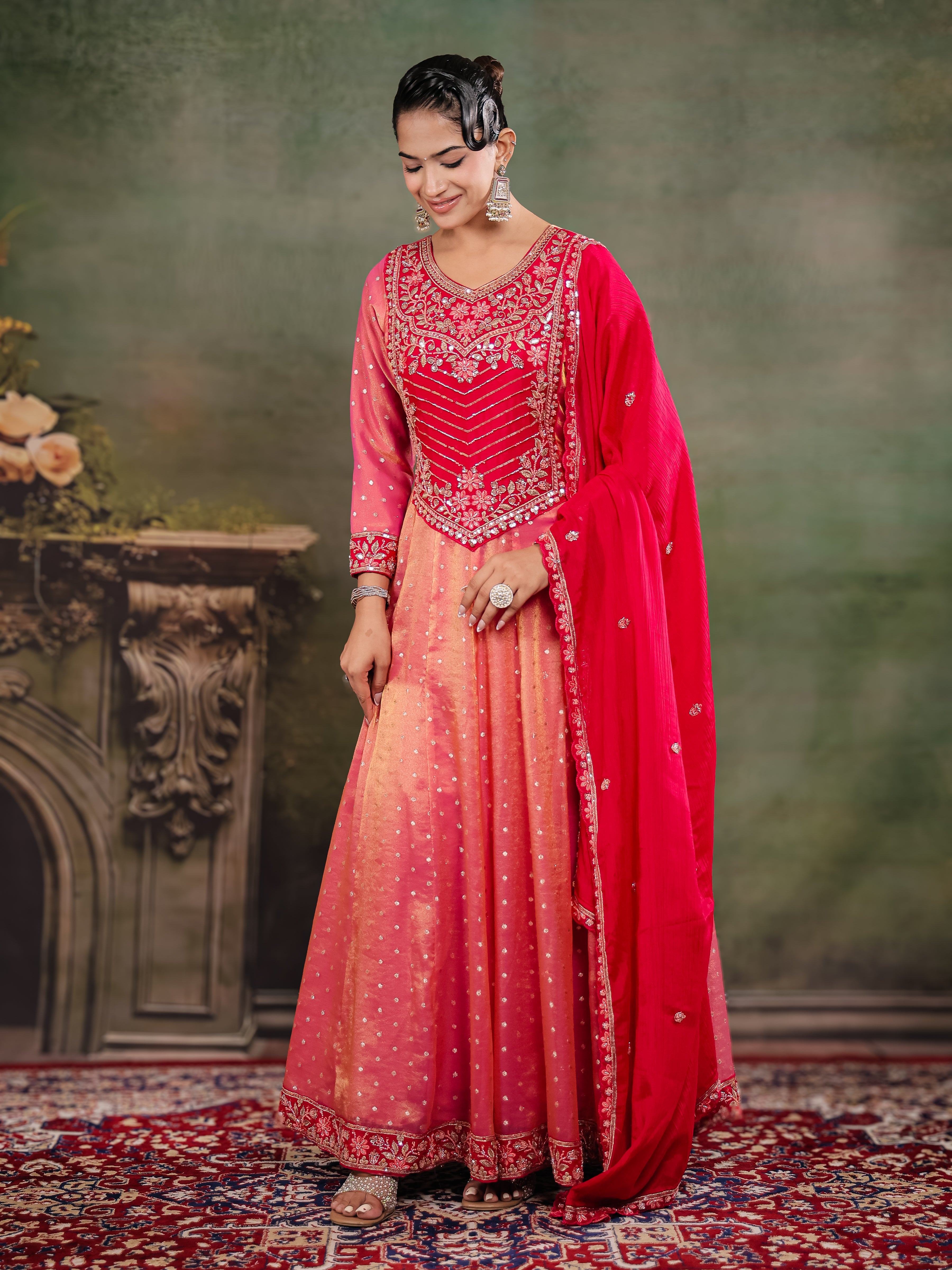Peach & Rani Pink Embroidered Anarkali Suit Set with Matching Dupatta