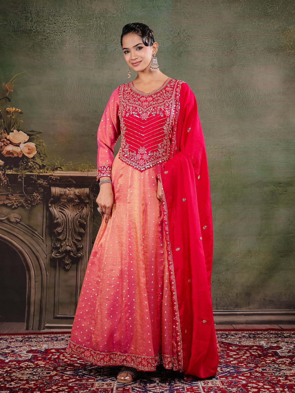 Peach & Rani Pink Embroidered Anarkali Suit Set with Matching Dupatta
