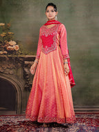 Peach & Rani Pink Embroidered Anarkali Suit Set with Matching Dupatta
