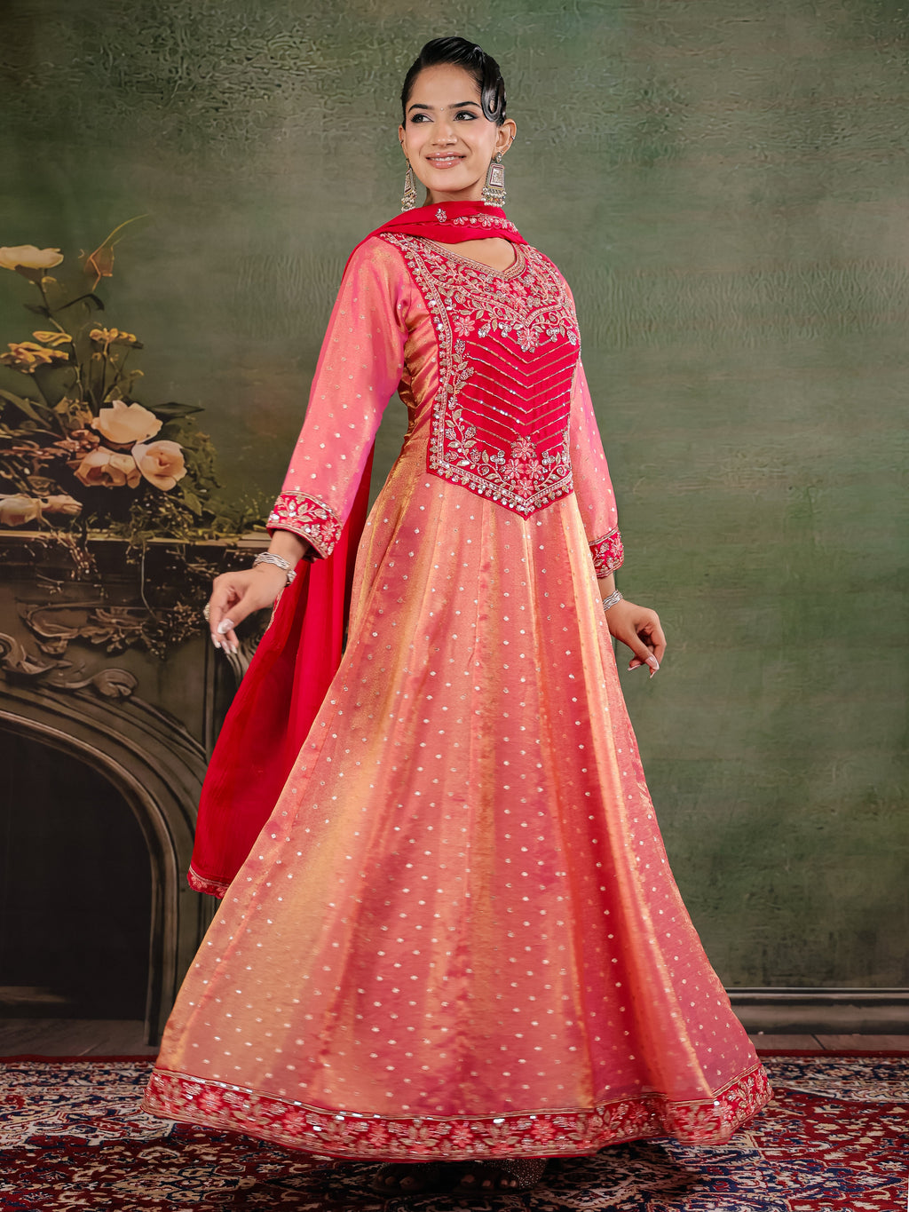 Peach & Rani Pink Embroidered Anarkali Suit Set with Matching Dupatta
